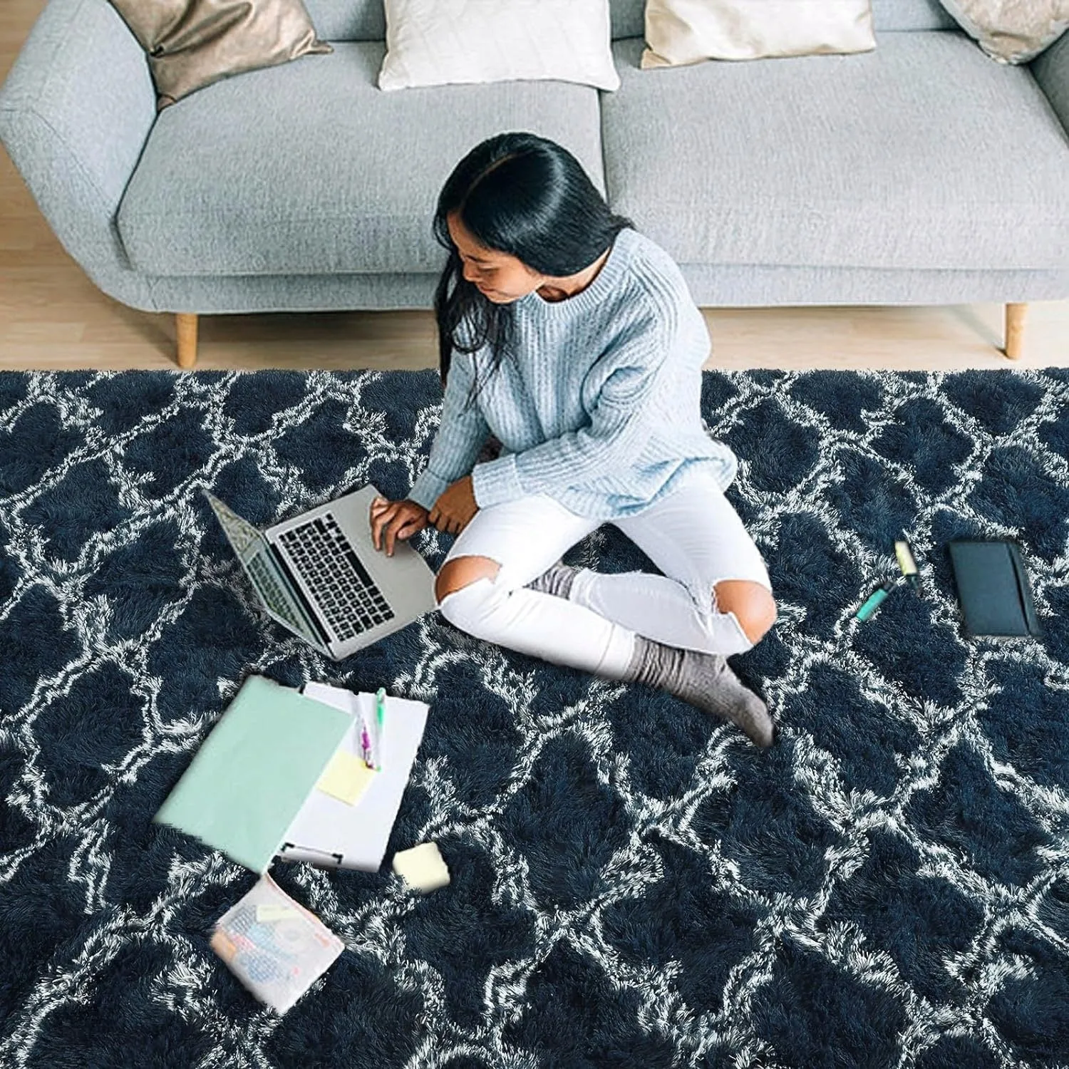 High Pile Shag Moroccan Geometric Rugs Non-Slip Indoor Floor Carpet Washable