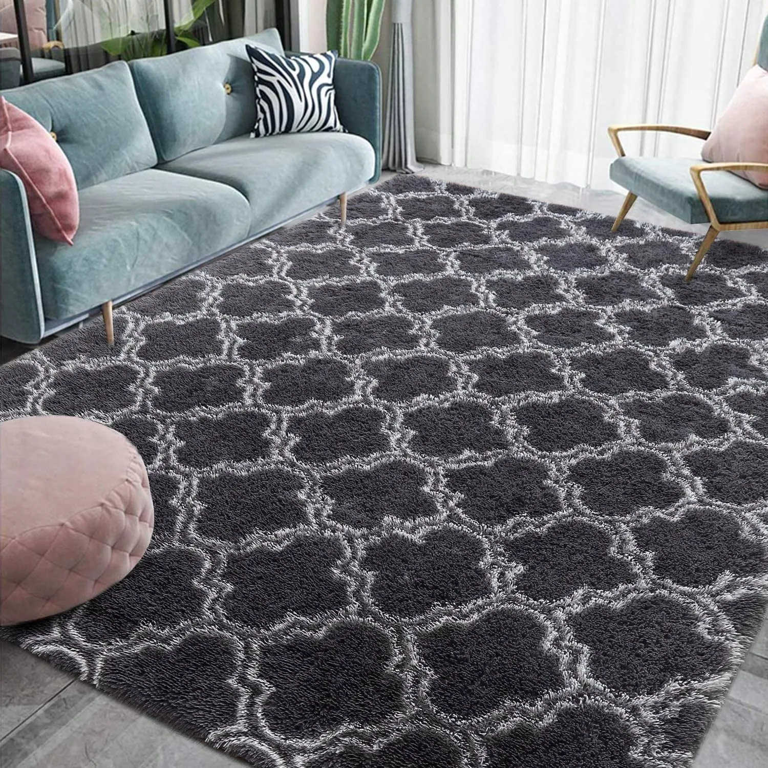 High Pile Shag Moroccan Geometric Rugs Non-Slip Indoor Floor Carpet Washable
