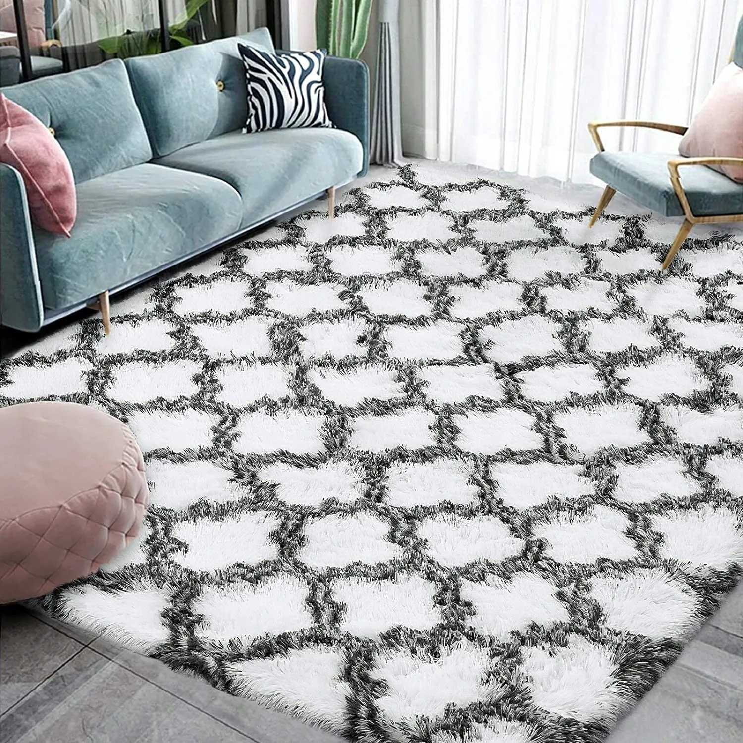 High Pile Shag Moroccan Geometric Rugs Non-Slip Indoor Floor Carpet Washable