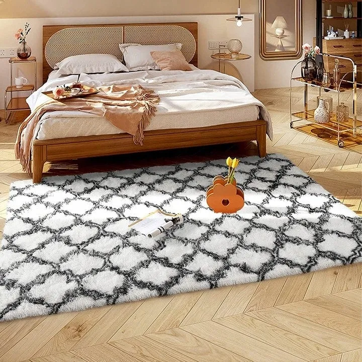 High Pile Shag Moroccan Geometric Rugs Non-Slip Indoor Floor Carpet Washable