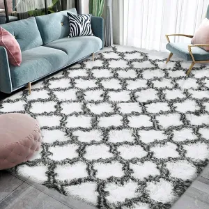 High Pile Shag Moroccan Geometric Rugs Non-Slip Indoor Floor Carpet Washable