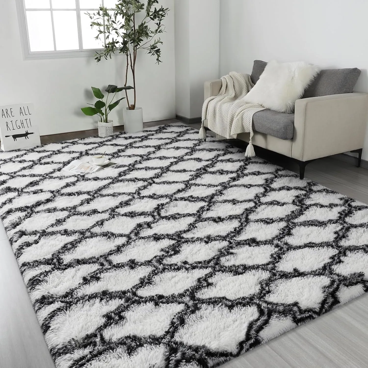 High Pile Shag Moroccan Geometric Rugs Non-Slip Indoor Floor Carpet Washable