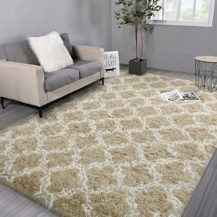 High Pile Shag Moroccan Geometric Rugs Non-Slip Indoor Floor Carpet Washable