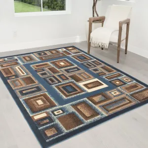 HR Aqua Blue. Brown and Multi Color Modern Contemporary Abstract Rug Frame. Boxy. Cube Pattern-Shed Free