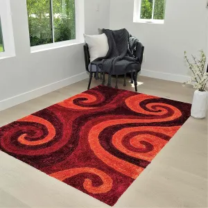 HR Burgundy. Rust. Orange Shag Rug for Living Room Decor Rug Trends Bright Modern Swirls Pattern. 3-D Curved Shaggy