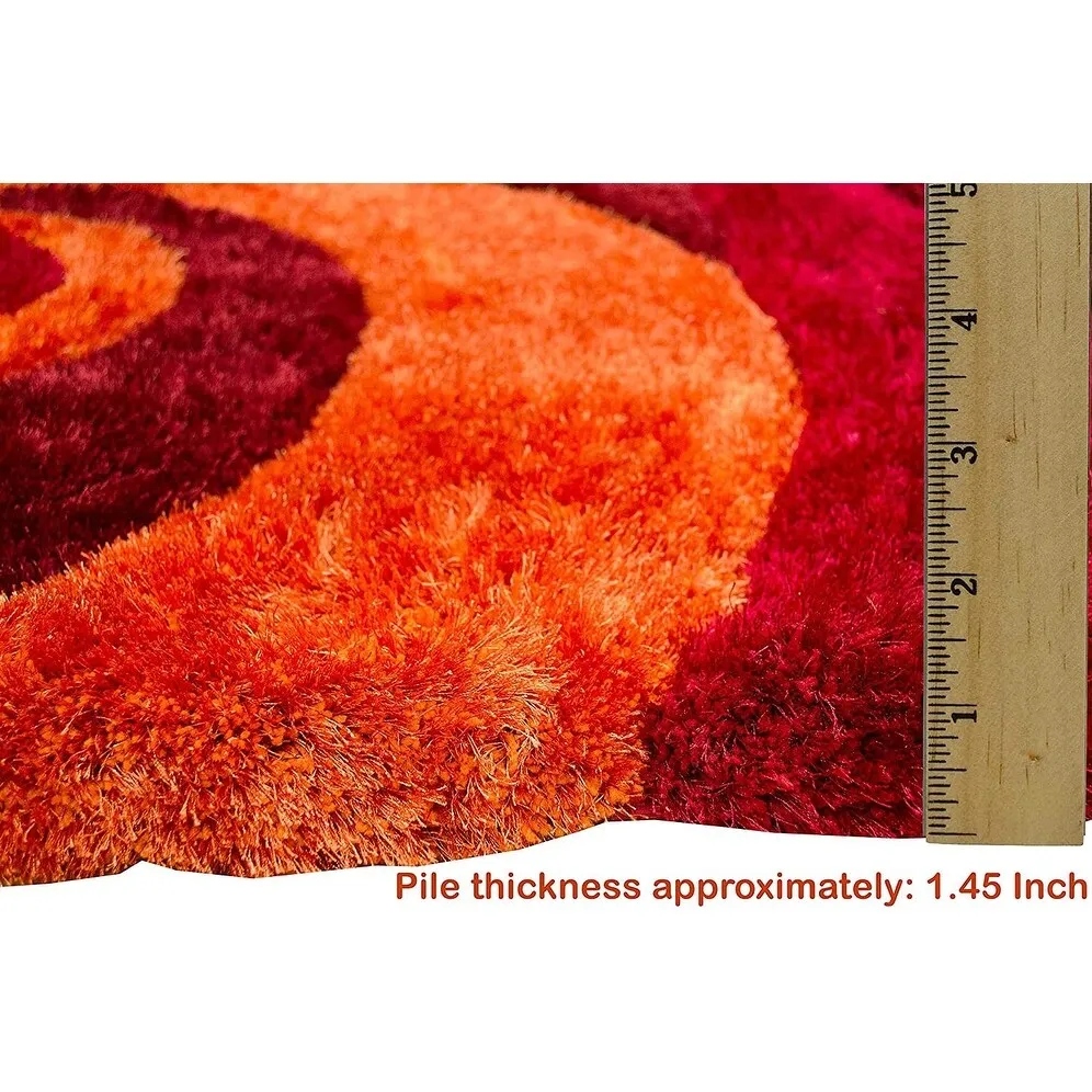 HR Burgundy. Rust. Orange Shag Rug for Living Room Decor Rug Trends Bright Modern Swirls Pattern. 3-D Curved Shaggy