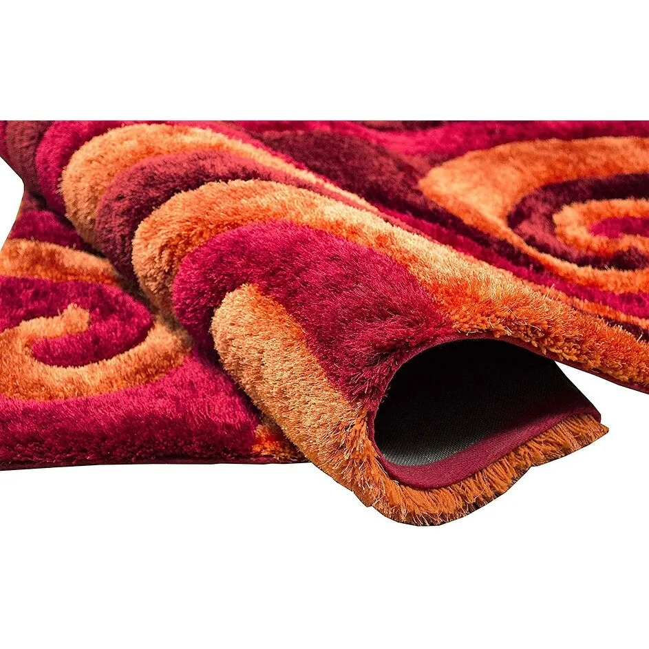 HR Burgundy. Rust. Orange Shag Rug for Living Room Decor Rug Trends Bright Modern Swirls Pattern. 3-D Curved Shaggy