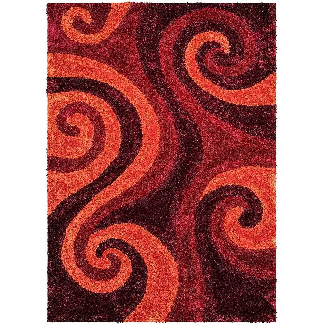HR Burgundy. Rust. Orange Shag Rug for Living Room Decor Rug Trends Bright Modern Swirls Pattern. 3-D Curved Shaggy