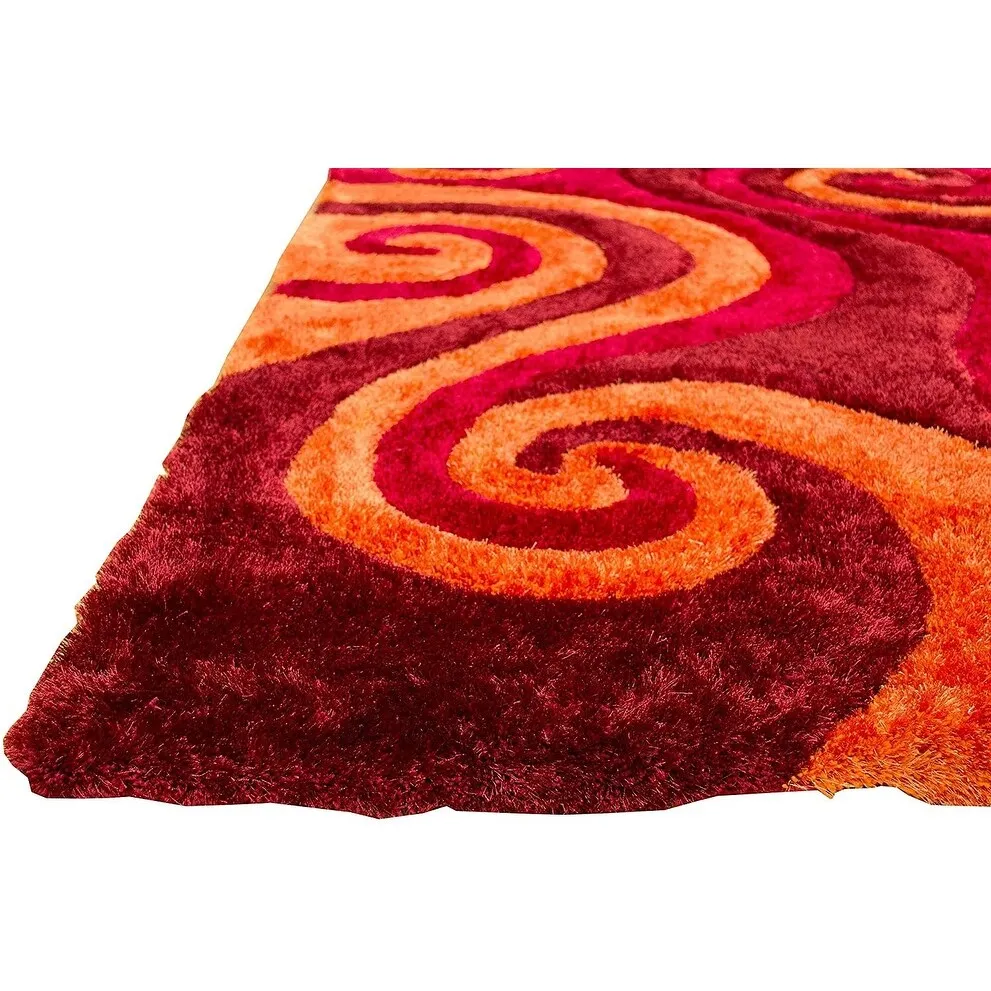 HR Burgundy. Rust. Orange Shag Rug for Living Room Decor Rug Trends Bright Modern Swirls Pattern. 3-D Curved Shaggy