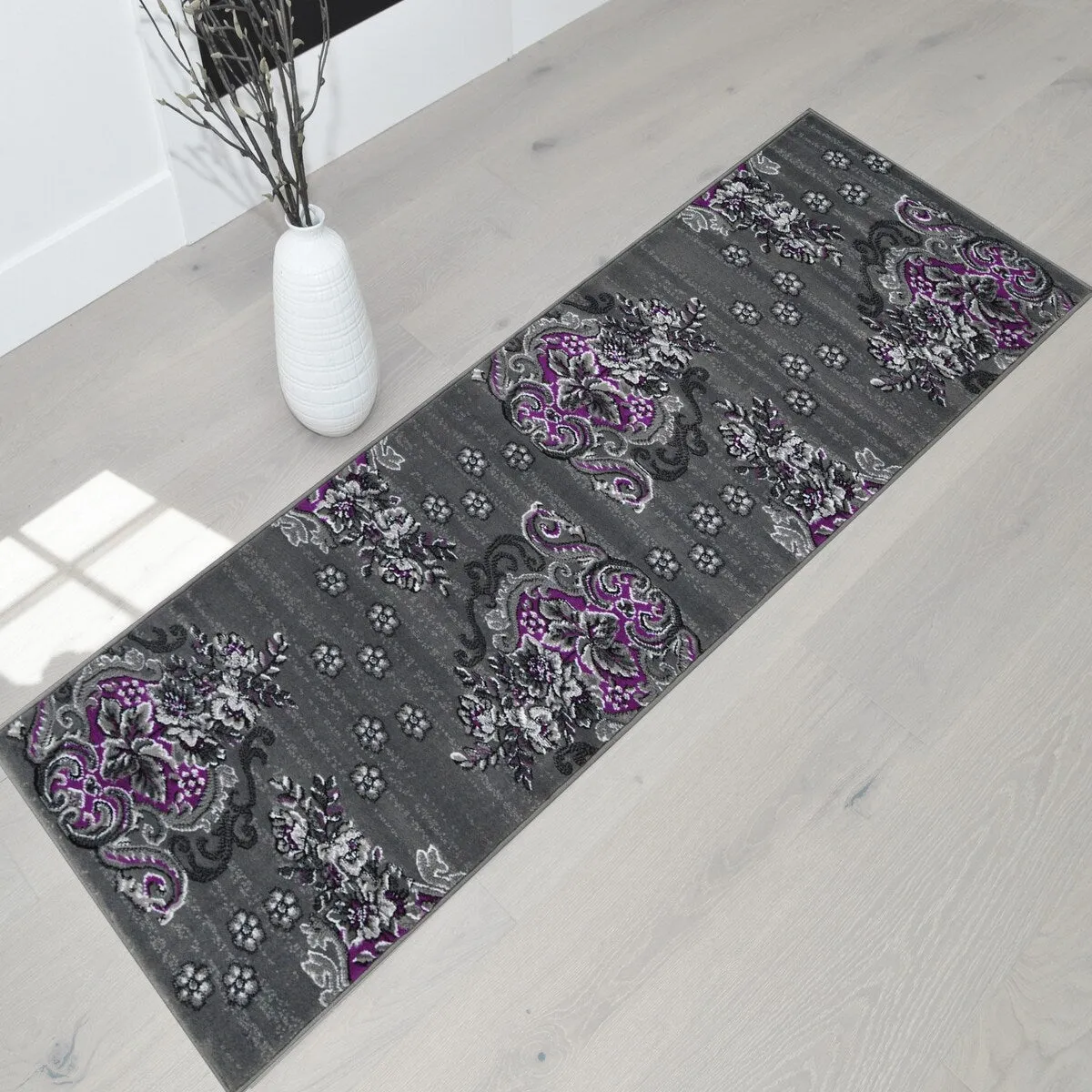 HR Floral Swirls Design Pattern Modern Area Rug Purple Grey Silver Black Contemporary