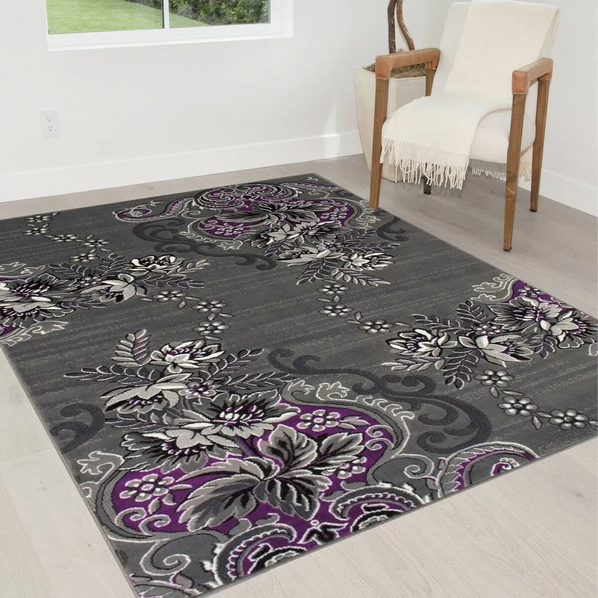 HR Floral Swirls Design Pattern Modern Area Rug Purple Grey Silver Black Contemporary