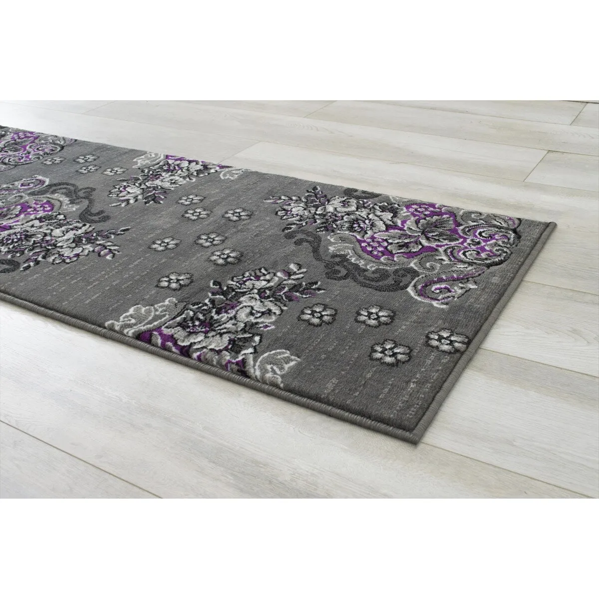 HR Floral Swirls Design Pattern Modern Area Rug Purple Grey Silver Black Contemporary