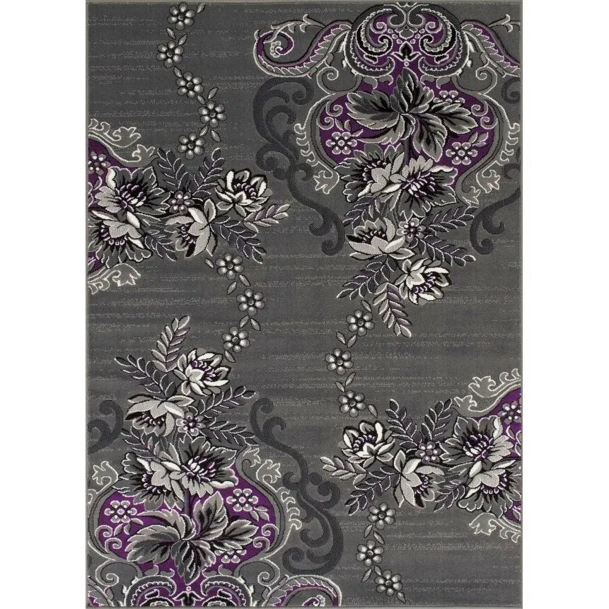 HR Floral Swirls Design Pattern Modern Area Rug Purple Grey Silver Black Contemporary