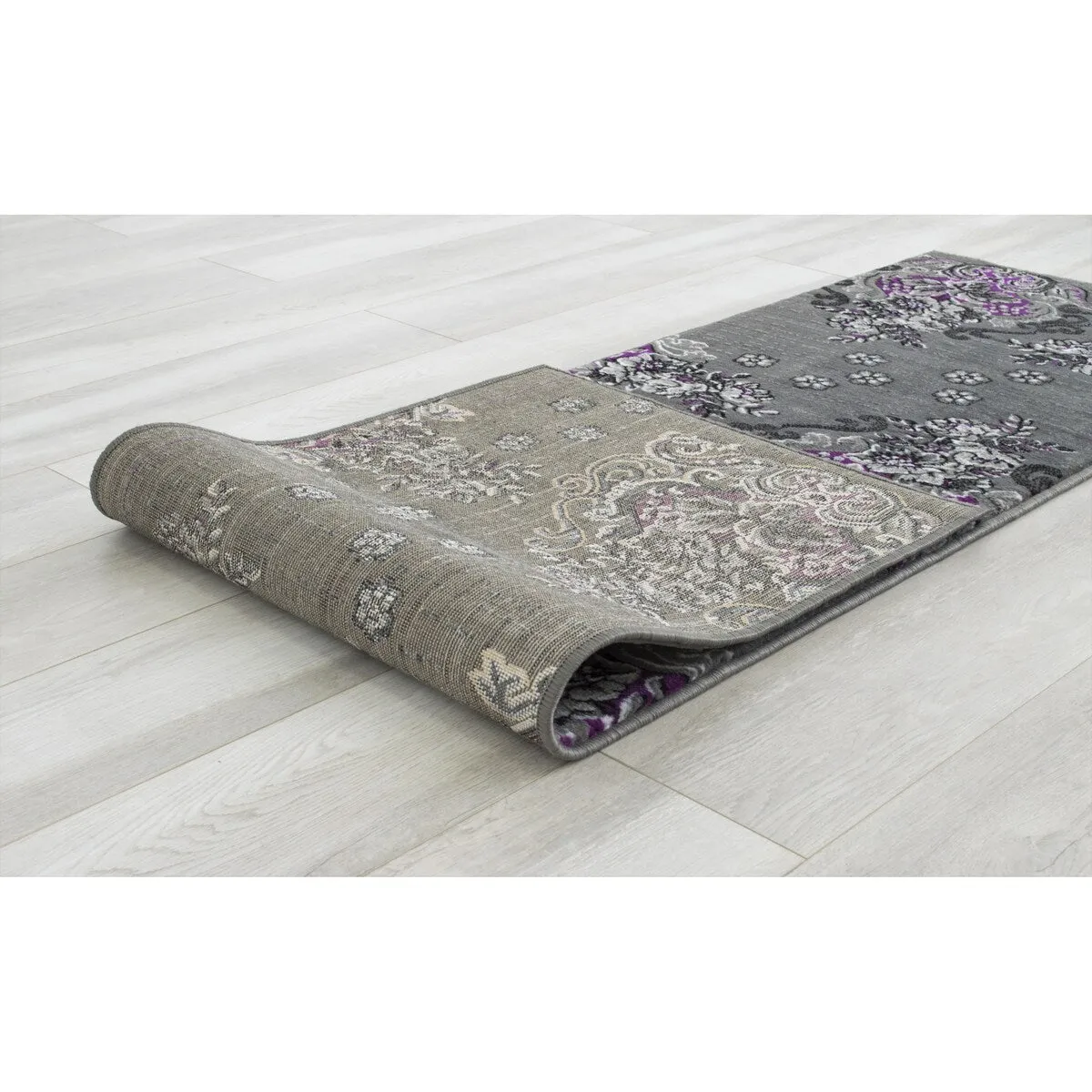 HR Floral Swirls Design Pattern Modern Area Rug Purple Grey Silver Black Contemporary