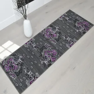 HR Floral Swirls Design Pattern Modern Area Rug Purple Grey Silver Black Contemporary