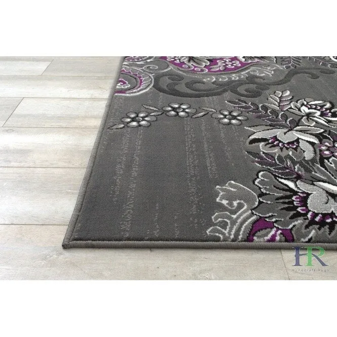 HR Floral Swirls Design Pattern Modern Area Rug Purple Grey Silver Black Contemporary