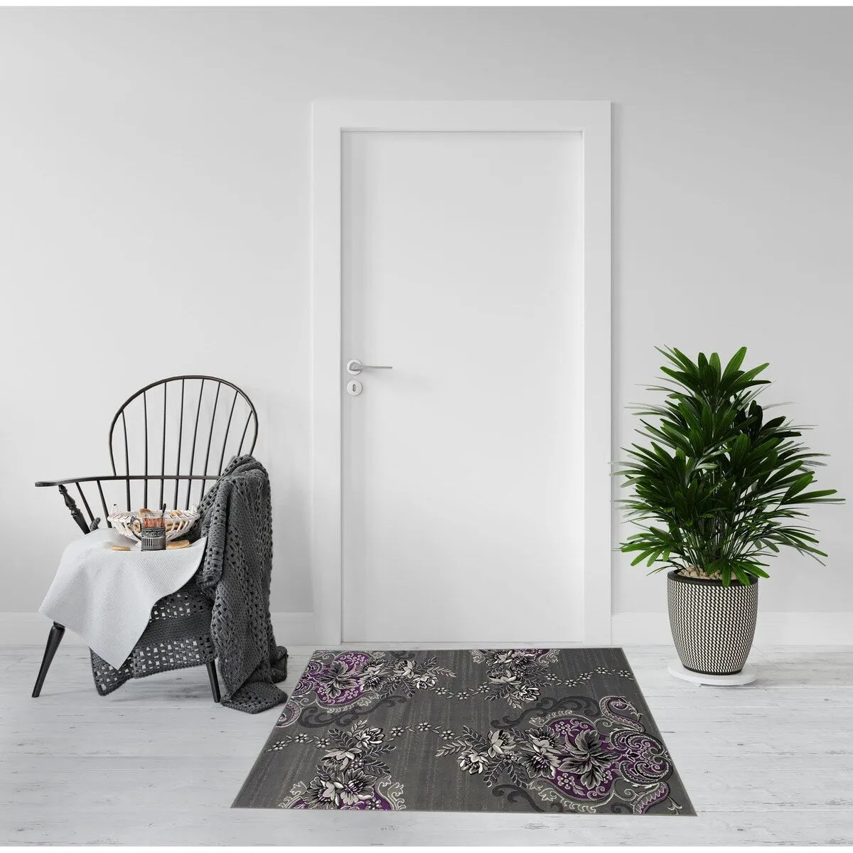 HR Floral Swirls Design Pattern Modern Area Rug Purple Grey Silver Black Contemporary