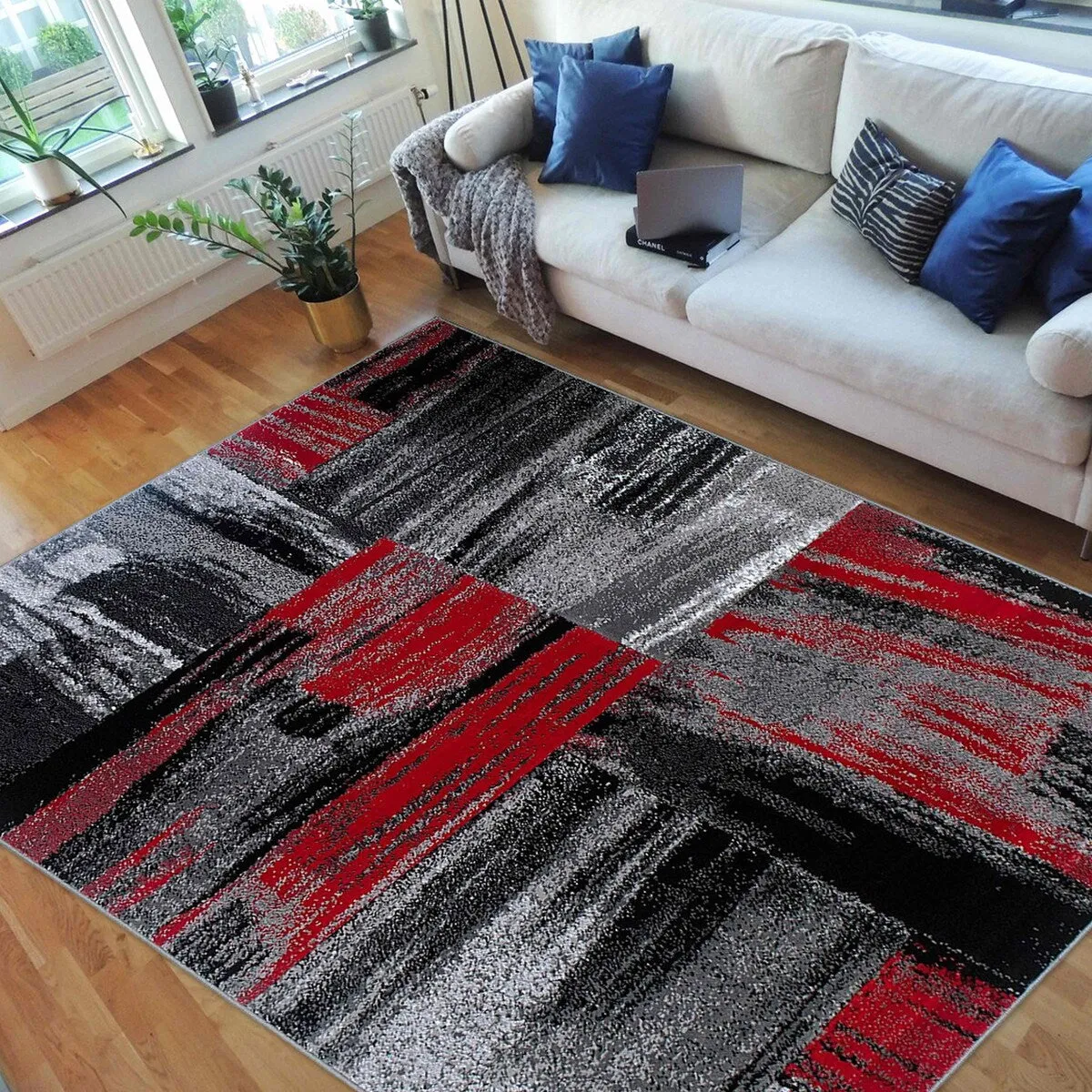 HR Lava. Grey. Silver. Black. Abstract Contemporary Design Brush Pattern Rug