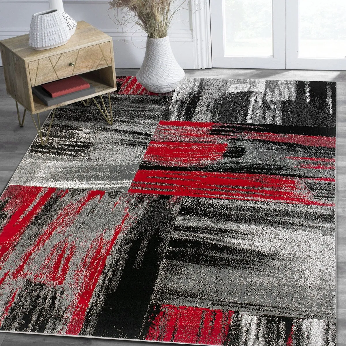 HR Lava. Grey. Silver. Black. Abstract Contemporary Design Brush Pattern Rug