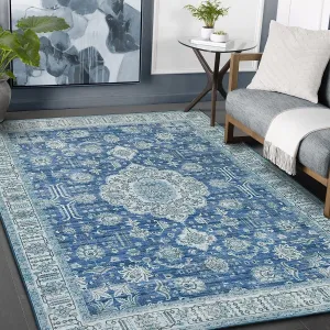 HR Print Bohemian Area Rug - Non-Slip Rubber Backing. Traditional Pattern. Flat Texture. Polyester. Denim Blue and Multi