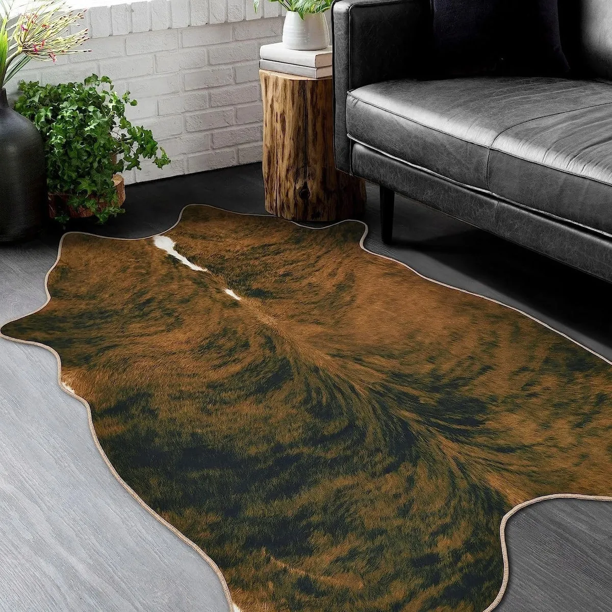 HR Print Non-Slip Faux Cowhide Brown Area Rug for Cabin and Lodge
