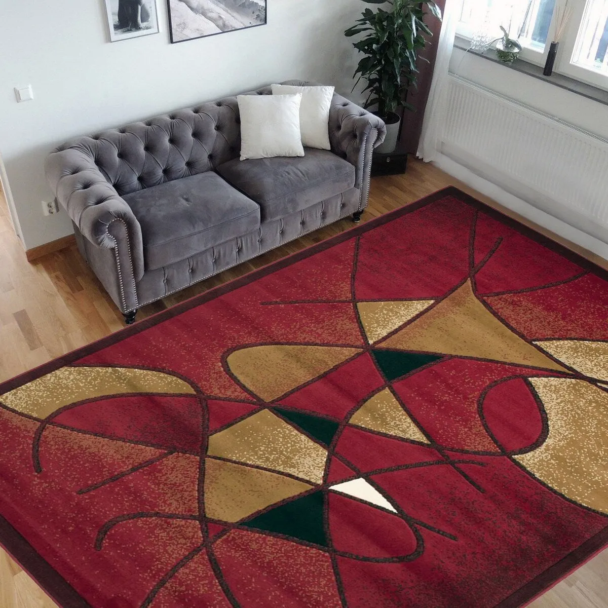 HR Red. Mocha. Ivory. Black and Multi Modern Contemporary Living Room Rug-Abstract Carpet with Geometric