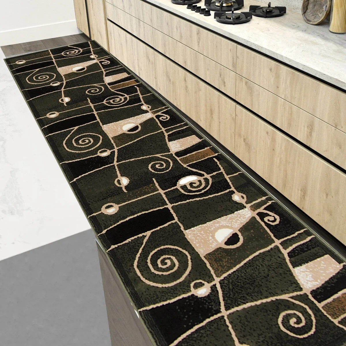 HR Sage Green. Mocha. Beige and Multi Modern Contemporary Area Rugs-Abstract with Wavy Swirls -Shed Free
