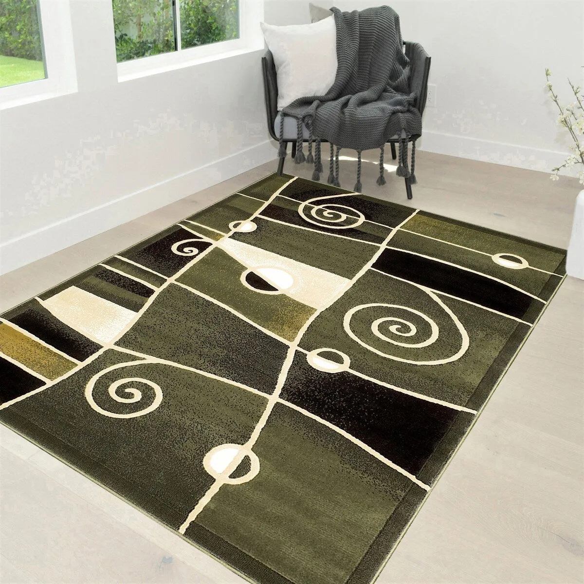 HR Sage Green. Mocha. Beige and Multi Modern Contemporary Area Rugs-Abstract with Wavy Swirls -Shed Free