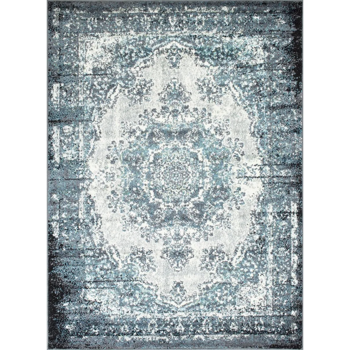 HR Timeless Elegance: White and Charcoal Blue Faded Oriental Distressed Area Rug  Vintage with Abstract Floral Charm