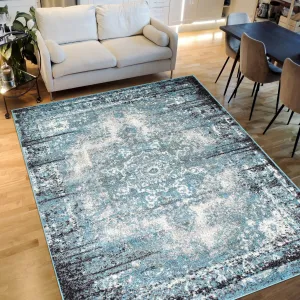 HR Timeless Elegance: White and Charcoal Blue Faded Oriental Distressed Area Rug  Vintage with Abstract Floral Charm