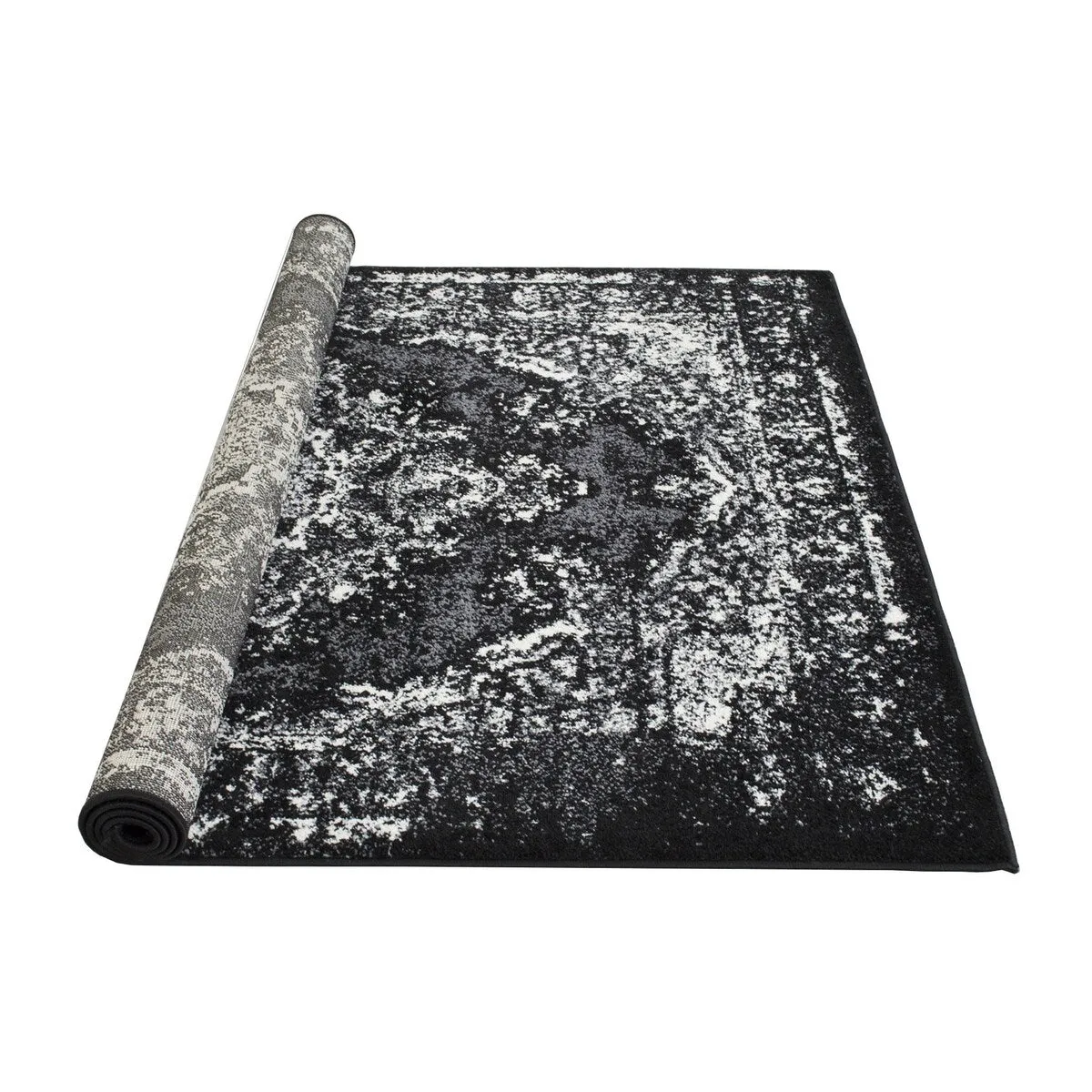 HR Timeless Elegance: White and Charcoal Blue Faded Oriental Distressed Area Rug  Vintage with Abstract Floral Charm