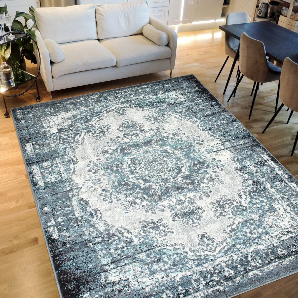 HR Timeless Elegance: White and Charcoal Blue Faded Oriental Distressed Area Rug  Vintage with Abstract Floral Charm