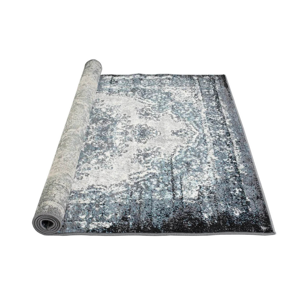 HR Timeless Elegance: White and Charcoal Blue Faded Oriental Distressed Area Rug  Vintage with Abstract Floral Charm