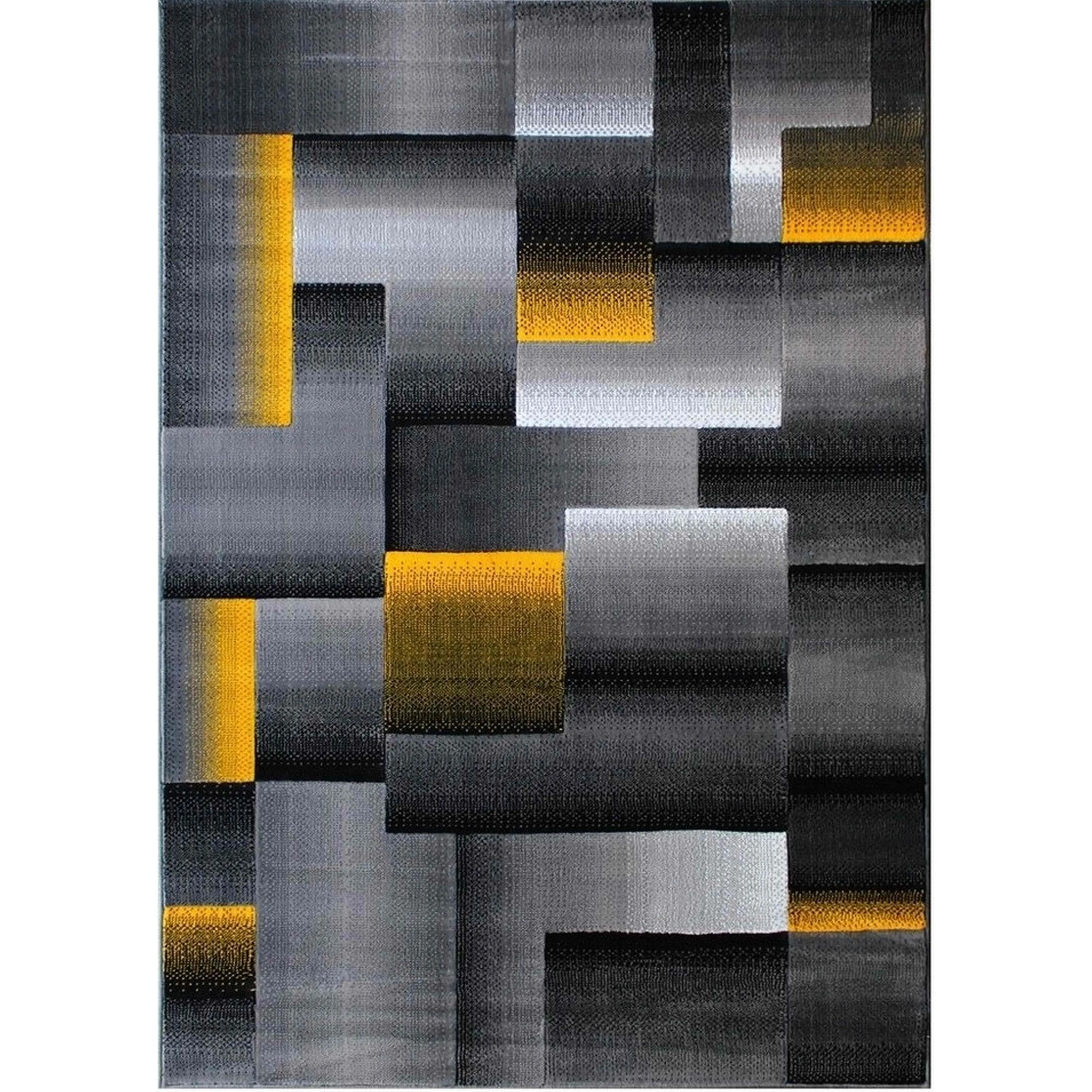 HR Yellow Grey Silver Abstract Rug Modern Contemporary Geometric Square Design