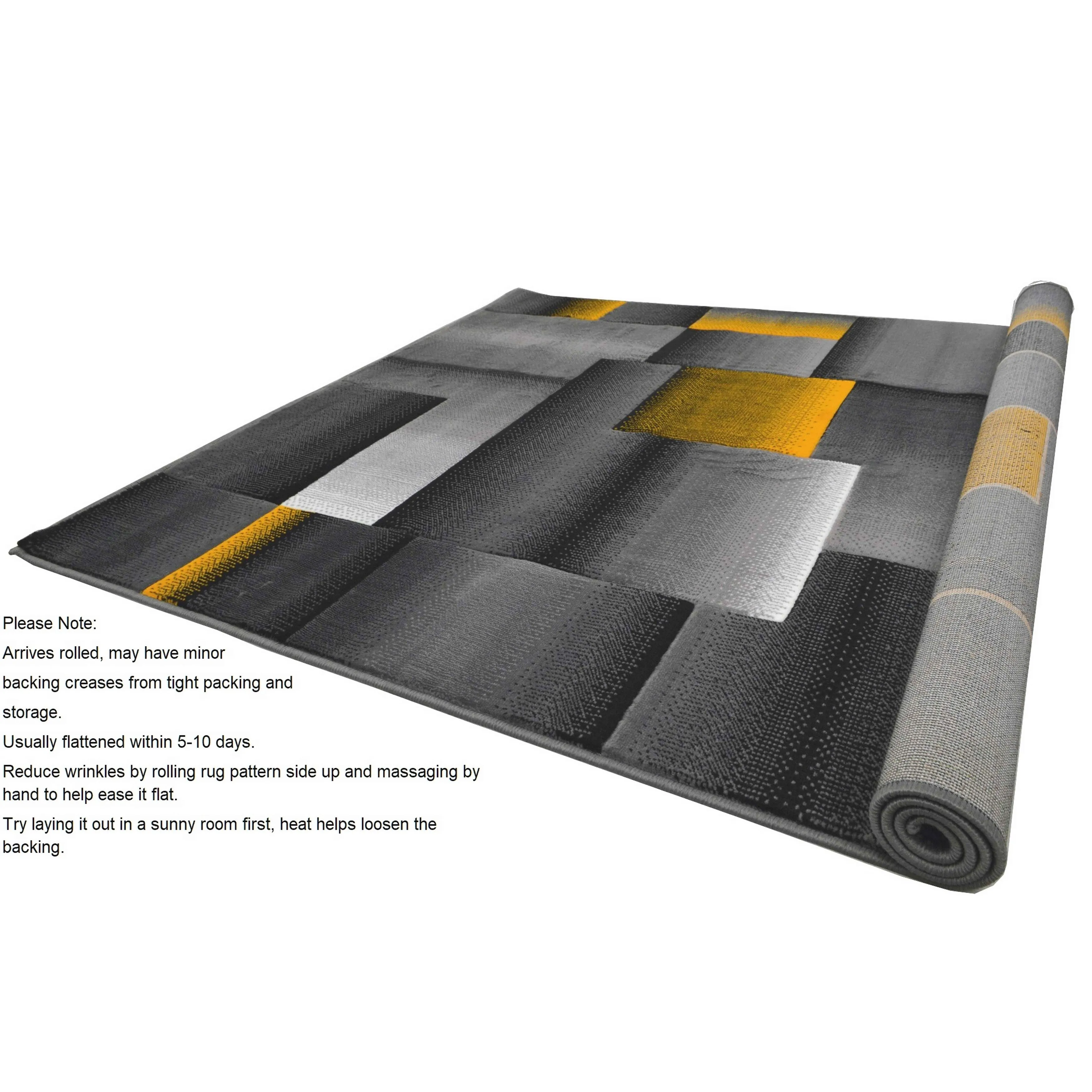 HR Yellow Grey Silver Abstract Rug Modern Contemporary Geometric Square Design