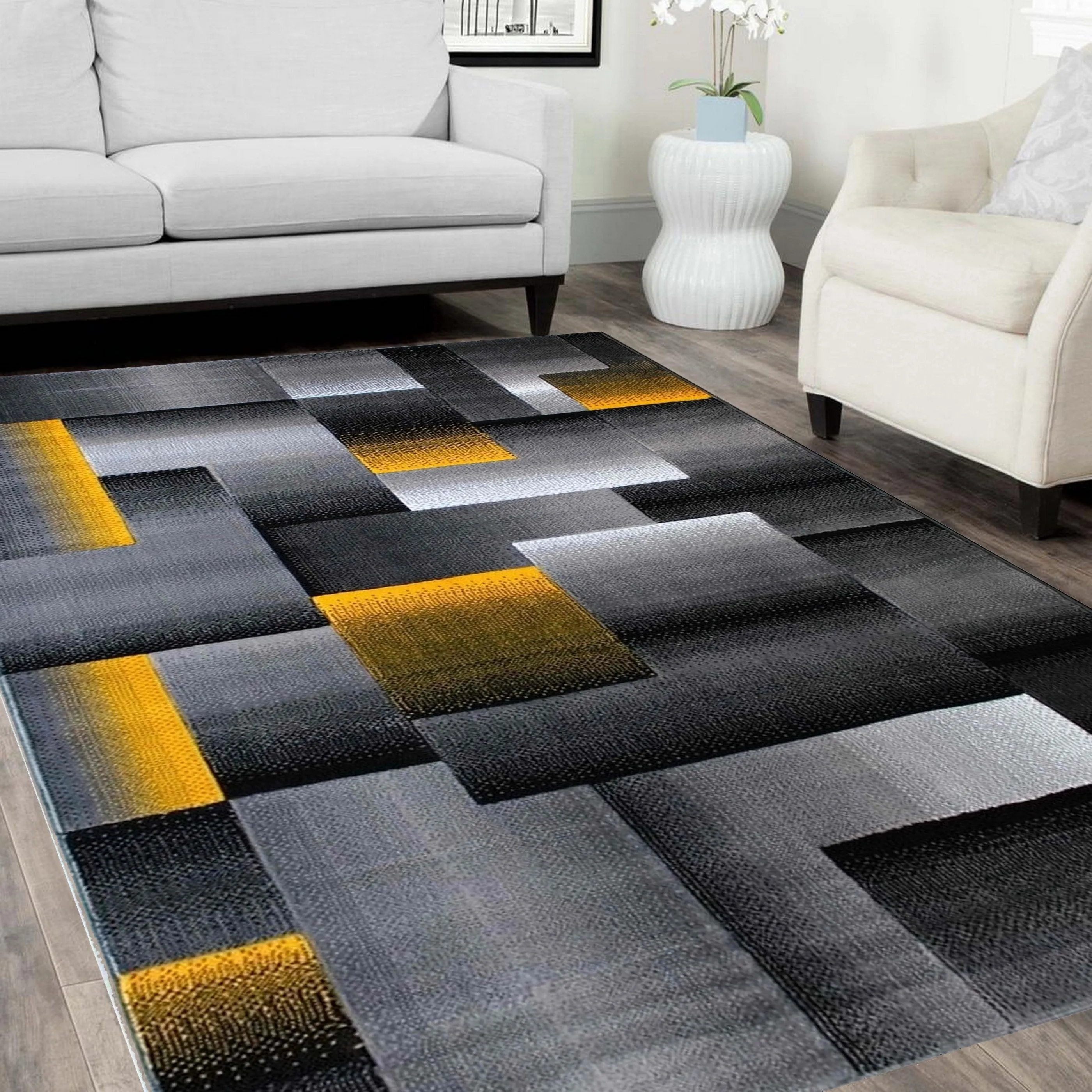 HR Yellow Grey Silver Abstract Rug Modern Contemporary Geometric Square Design