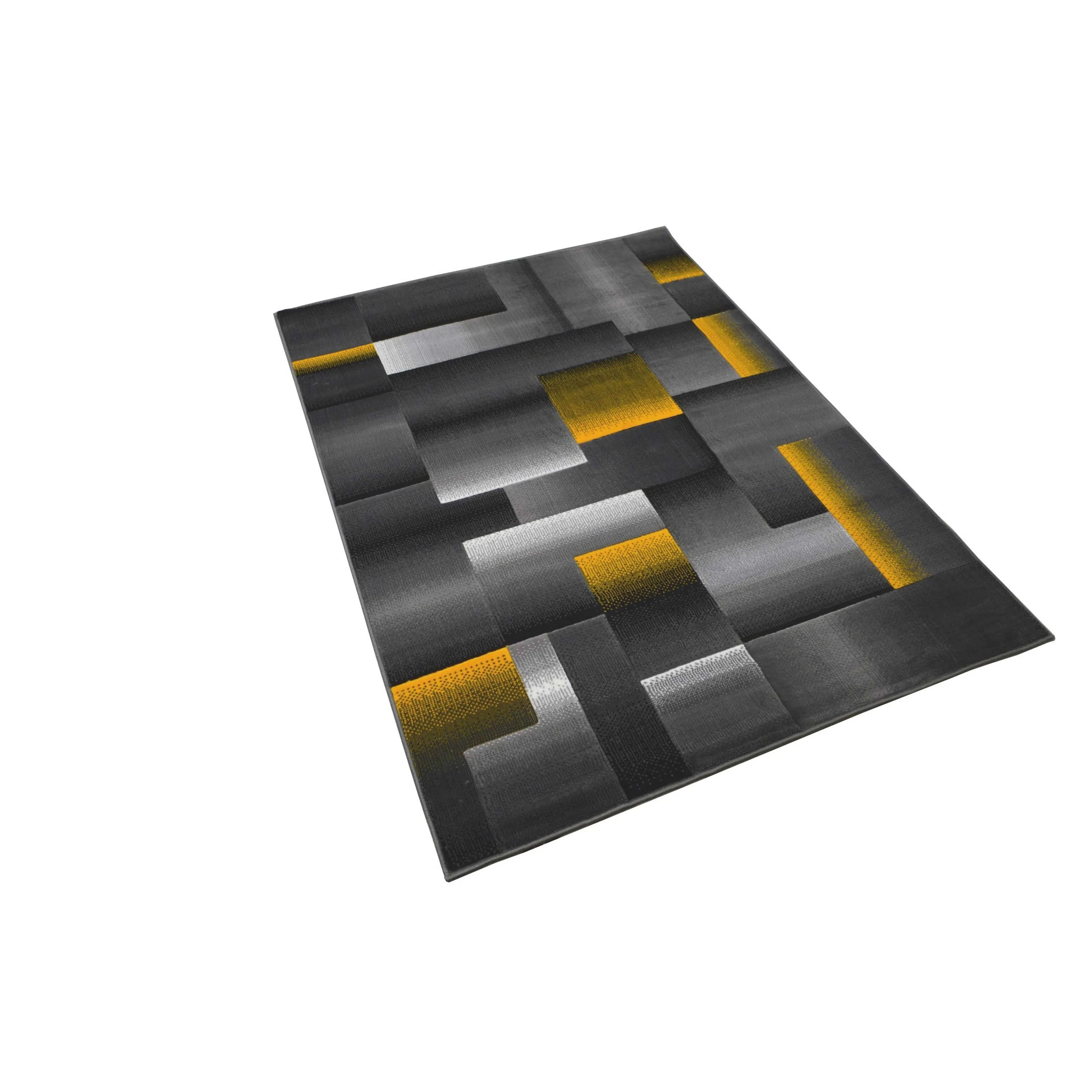 HR Yellow Grey Silver Abstract Rug Modern Contemporary Geometric Square Design