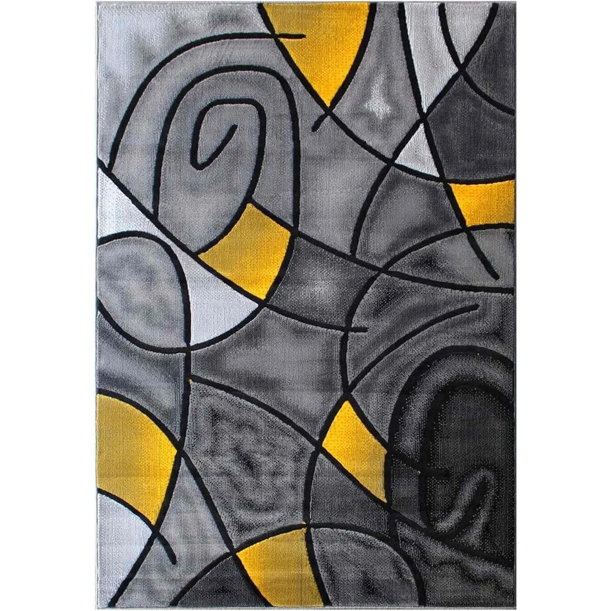 HR Yellow/Grey/Silver/Black/Abstract Area Rug Modern Contemporary Circles and Wavey Swirls Design Pattern