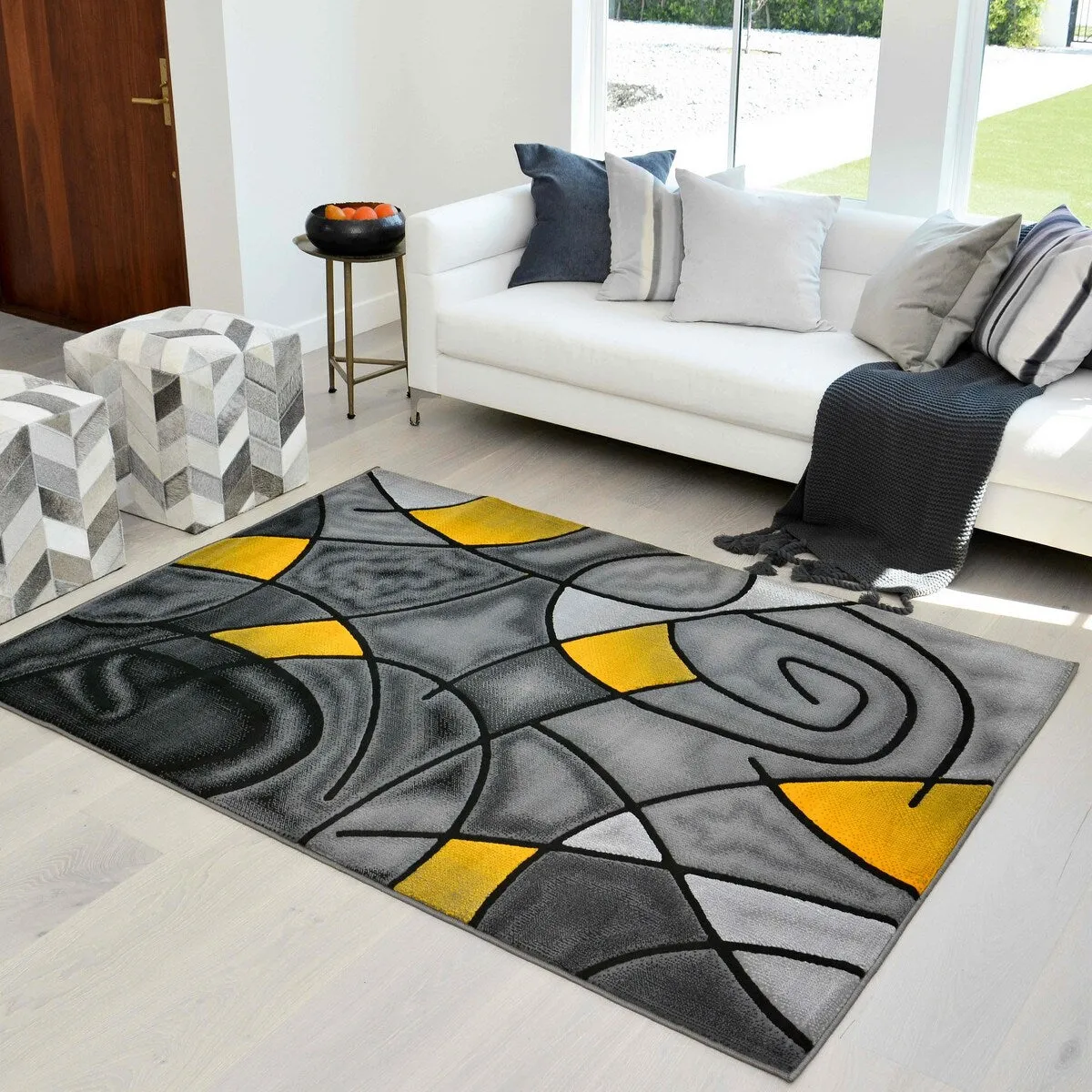 HR Yellow/Grey/Silver/Black/Abstract Area Rug Modern Contemporary Circles and Wavey Swirls Design Pattern