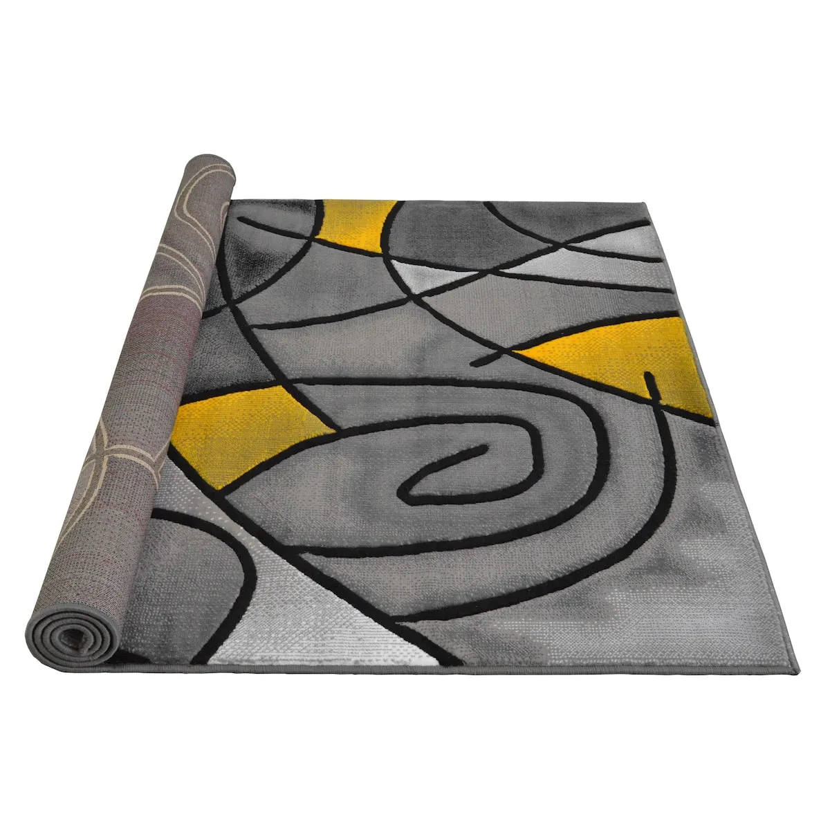 HR Yellow/Grey/Silver/Black/Abstract Area Rug Modern Contemporary Circles and Wavey Swirls Design Pattern