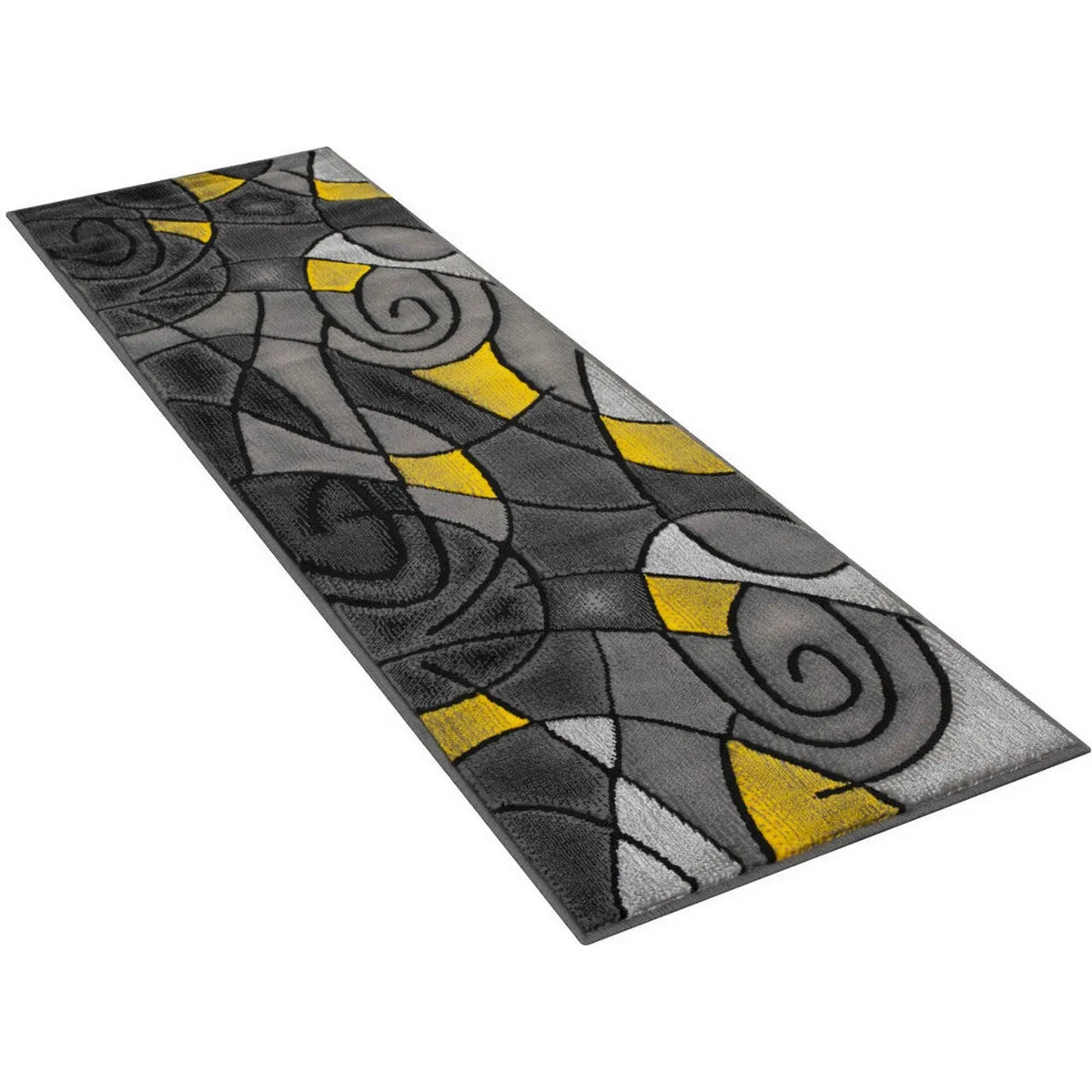 HR Yellow/Grey/Silver/Black/Abstract Area Rug Modern Contemporary Circles and Wavey Swirls Design Pattern