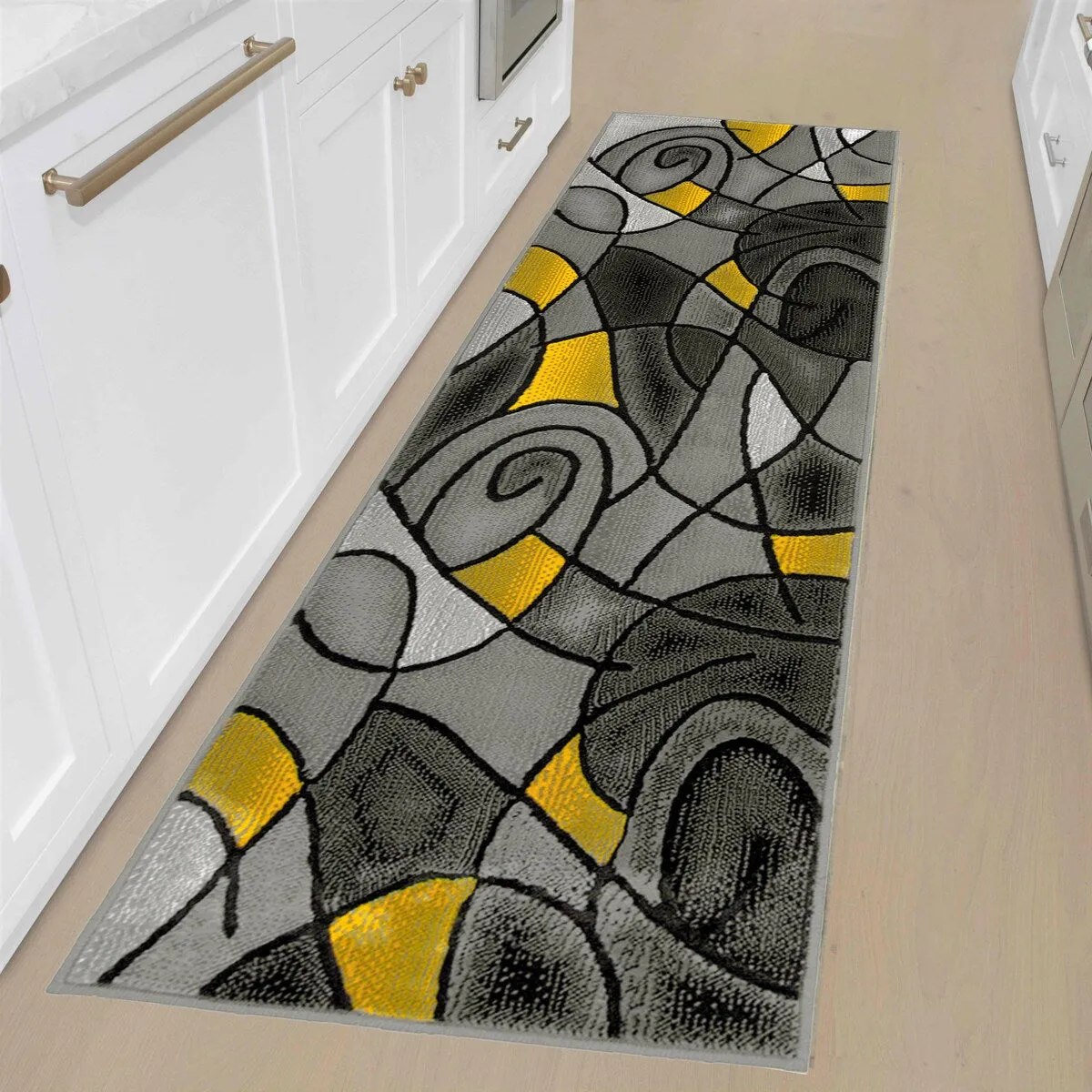 HR Yellow/Grey/Silver/Black/Abstract Area Rug Modern Contemporary Circles and Wavey Swirls Design Pattern