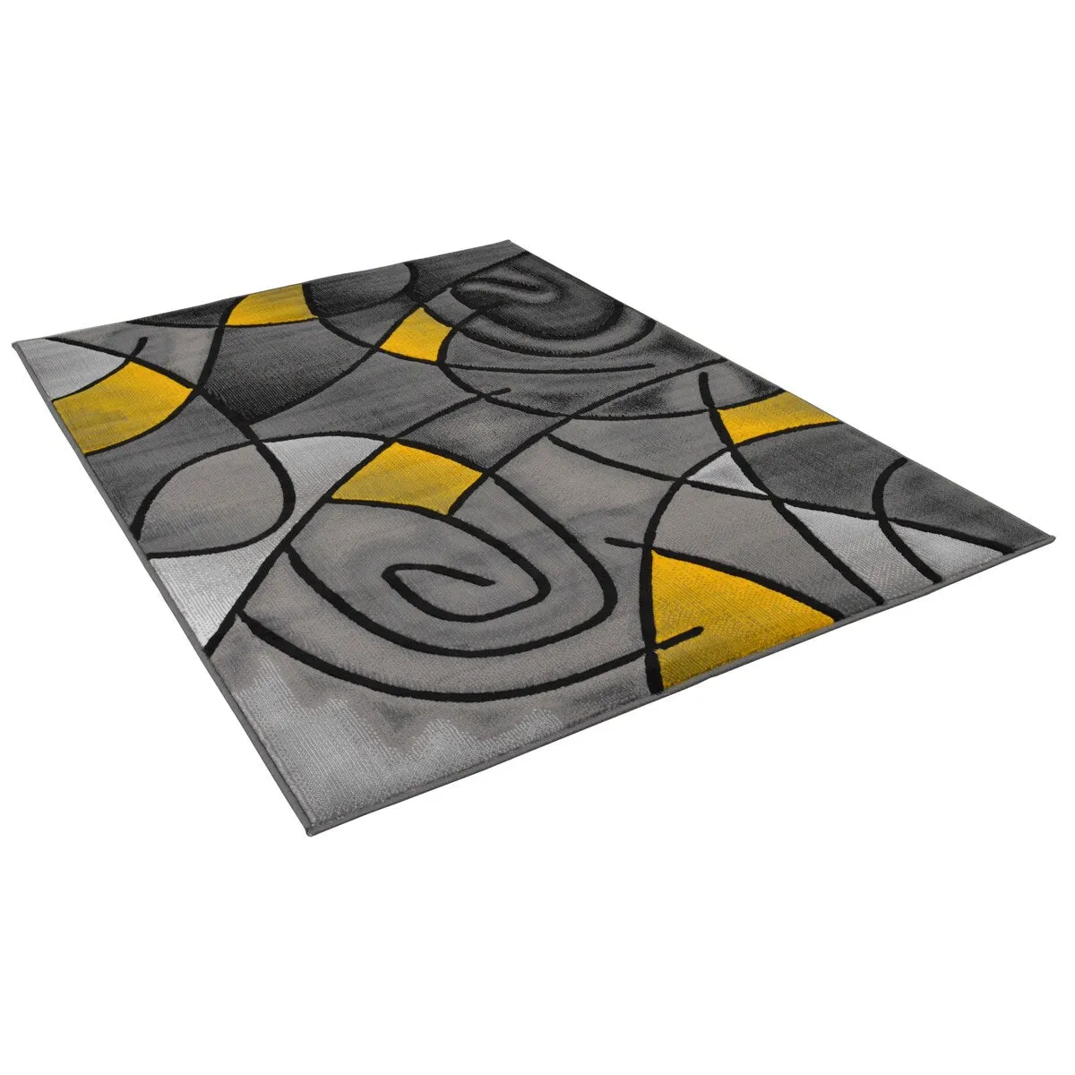 HR Yellow/Grey/Silver/Black/Abstract Area Rug Modern Contemporary Circles and Wavey Swirls Design Pattern