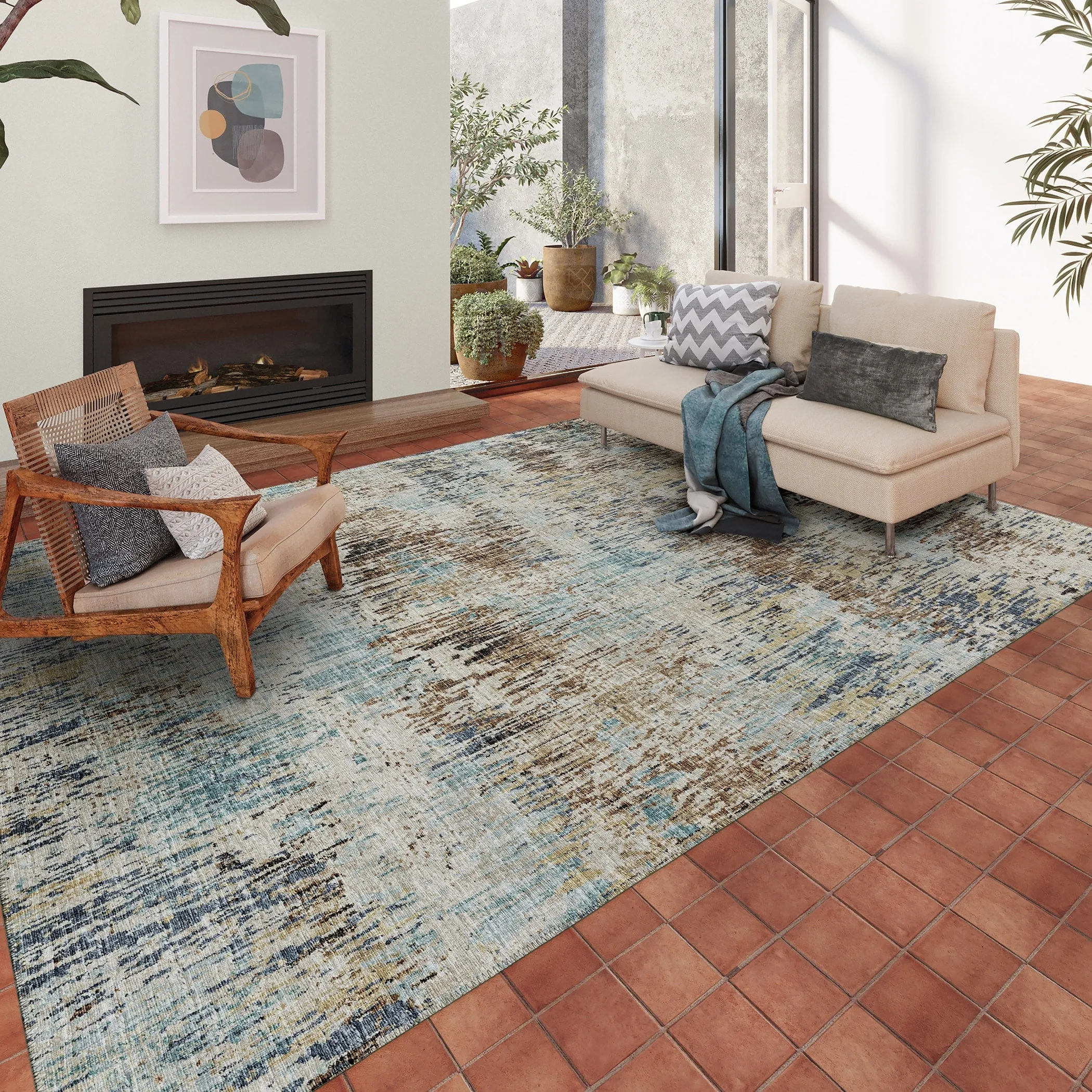 Indoor/ Outdoor Accord Modern Brushstrokes Polyester Washable Rug New