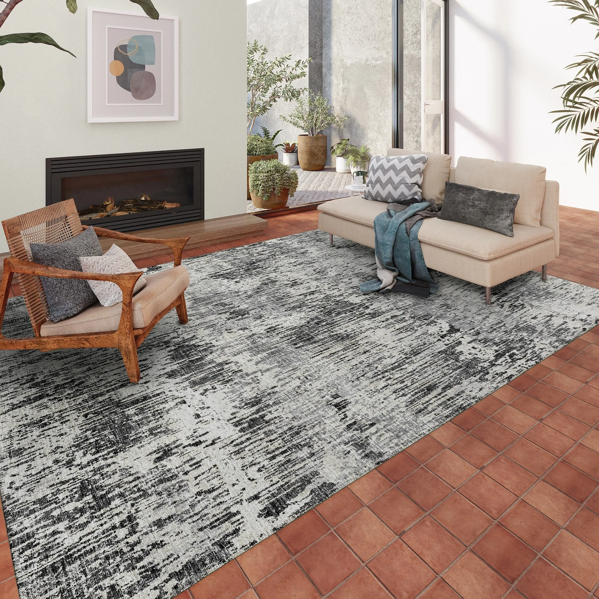 Indoor/ Outdoor Accord Modern Brushstrokes Polyester Washable Rug New