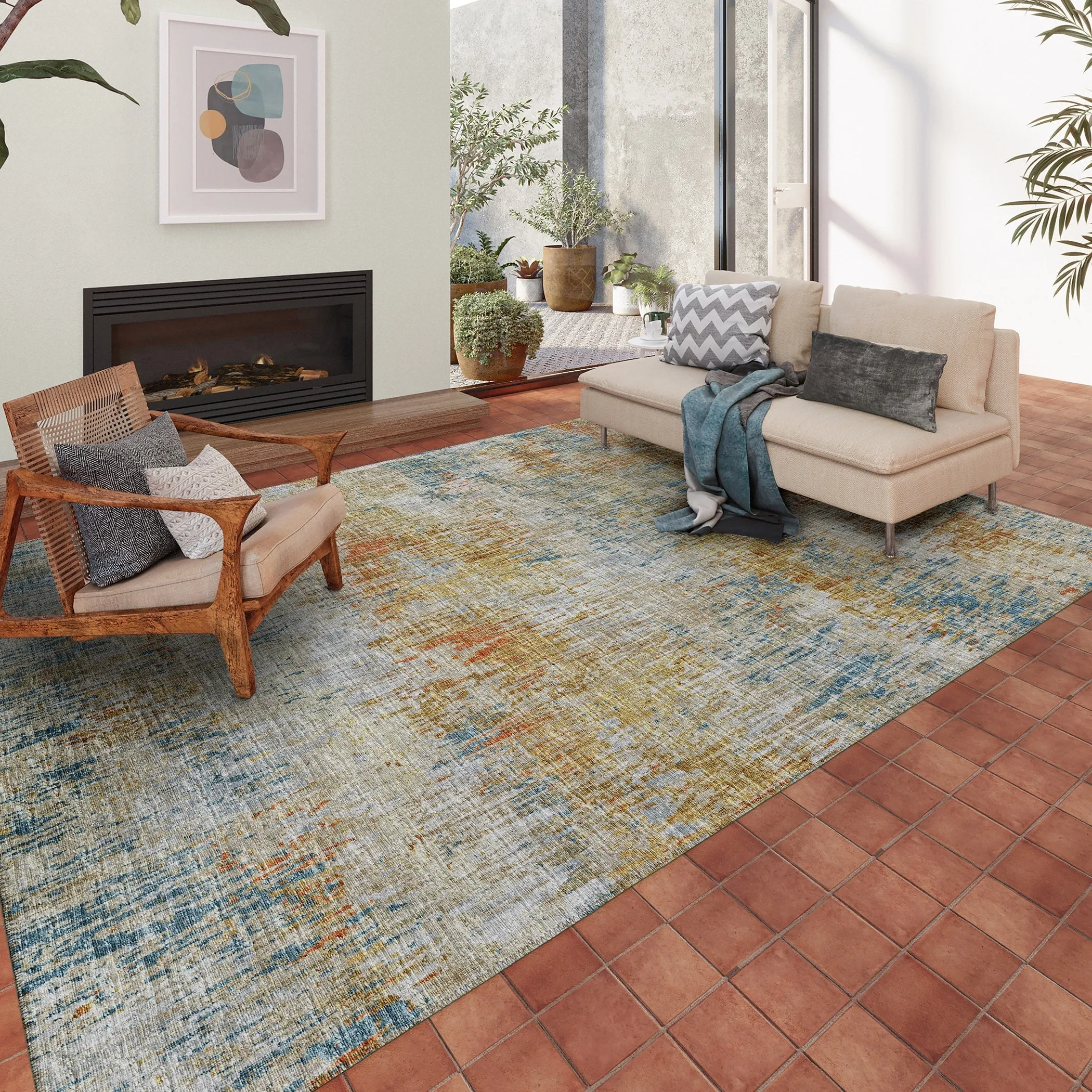 Indoor/ Outdoor Accord Modern Brushstrokes Polyester Washable Rug New