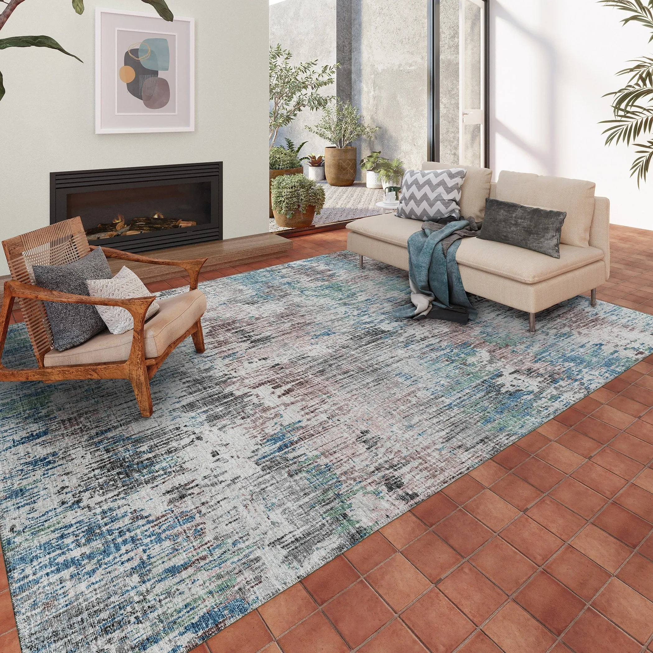 Indoor/ Outdoor Accord Modern Brushstrokes Polyester Washable Rug New