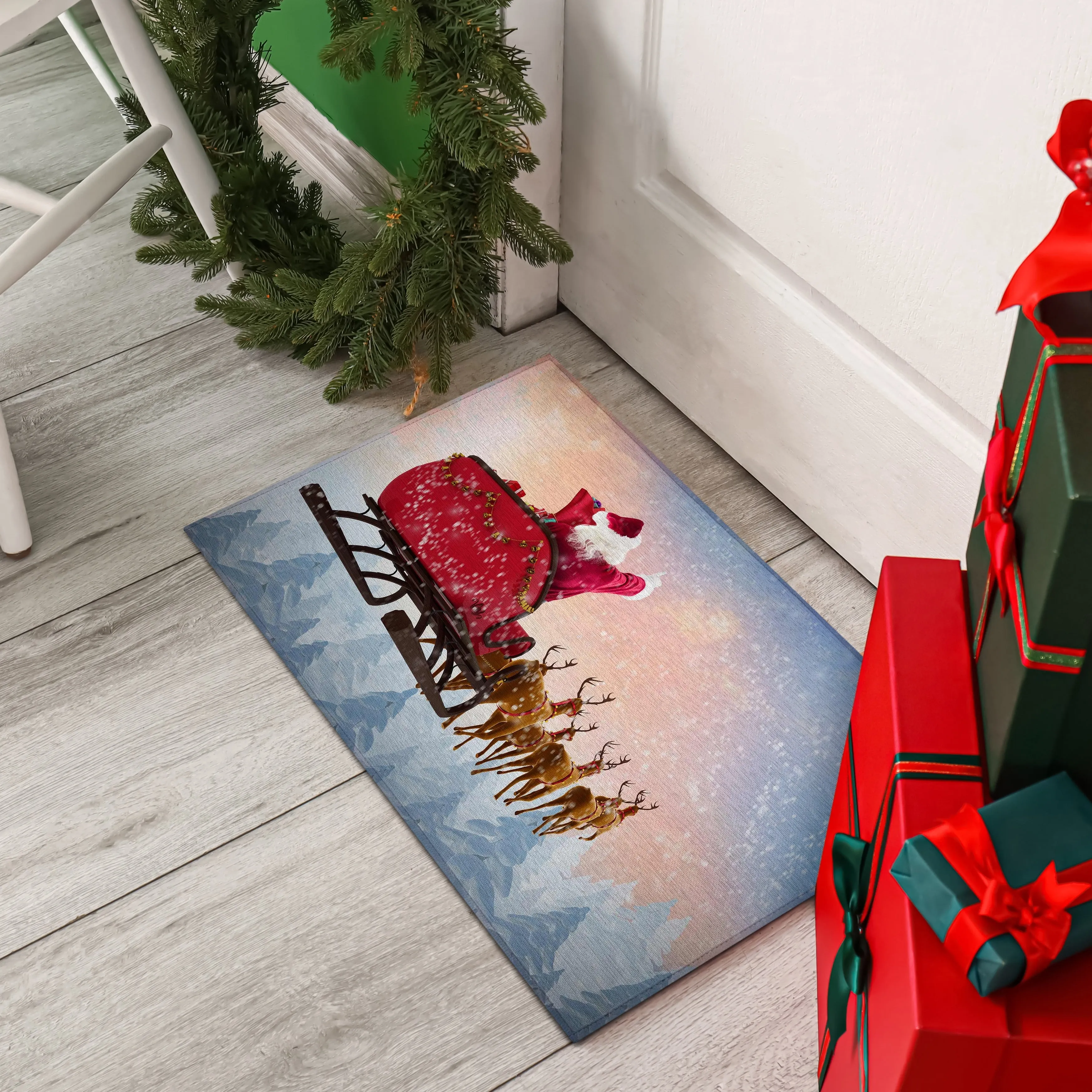 Indoor/ Outdoor Cozy Winter Holiday Washable Santa Sleigh Rug