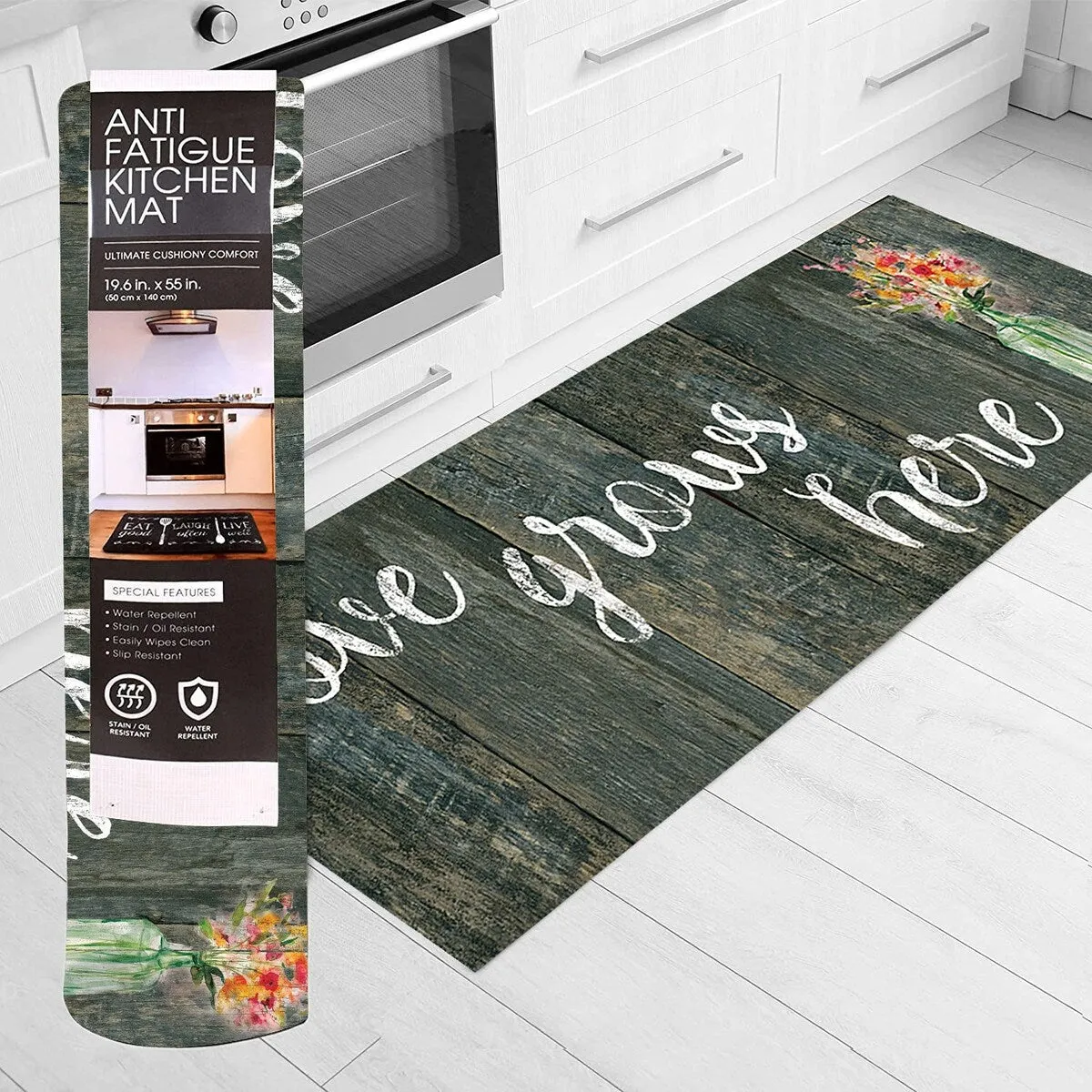 J&V Textiles Oversized Cushioned Anti Fatigue Kitchen Runner Mat (Love Grows Here) Black Size 20x55 - 20 X 55