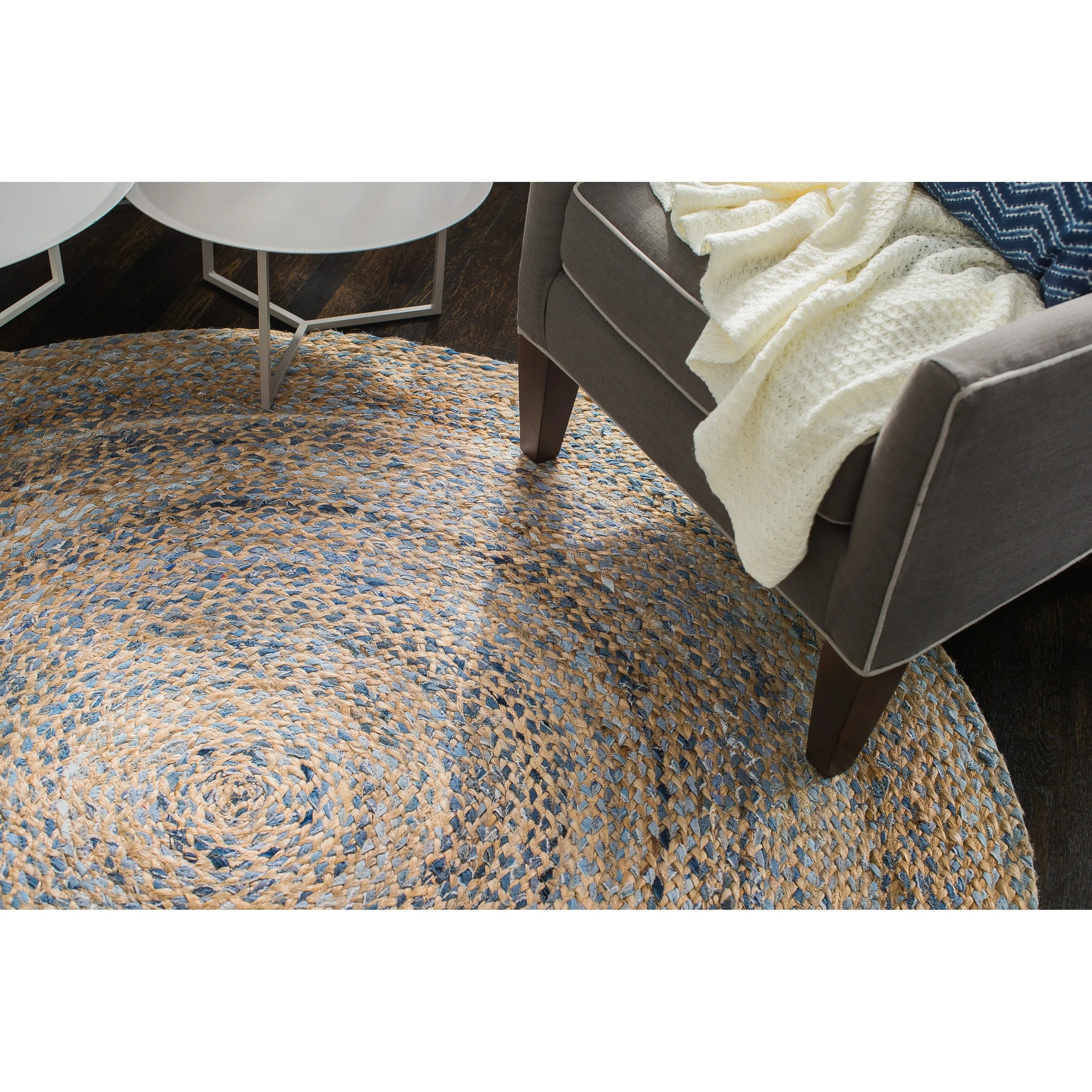 Jani Keira Denim and Jute Hand-Loomed Rug - Kerala Round 8-Feet Area Rug. Durable Denim Jute Carpet